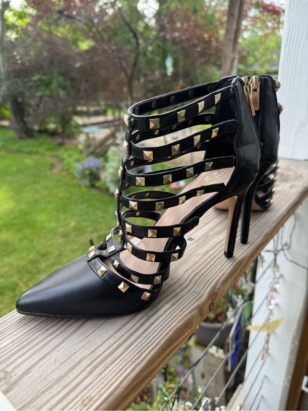 Mix No. 6 Black Pointed-Toe Studded Strappy Stiletto Heels